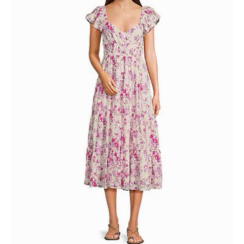 Garden Floral Midi Dress Tiered Pink Roses White Size L Cottageore